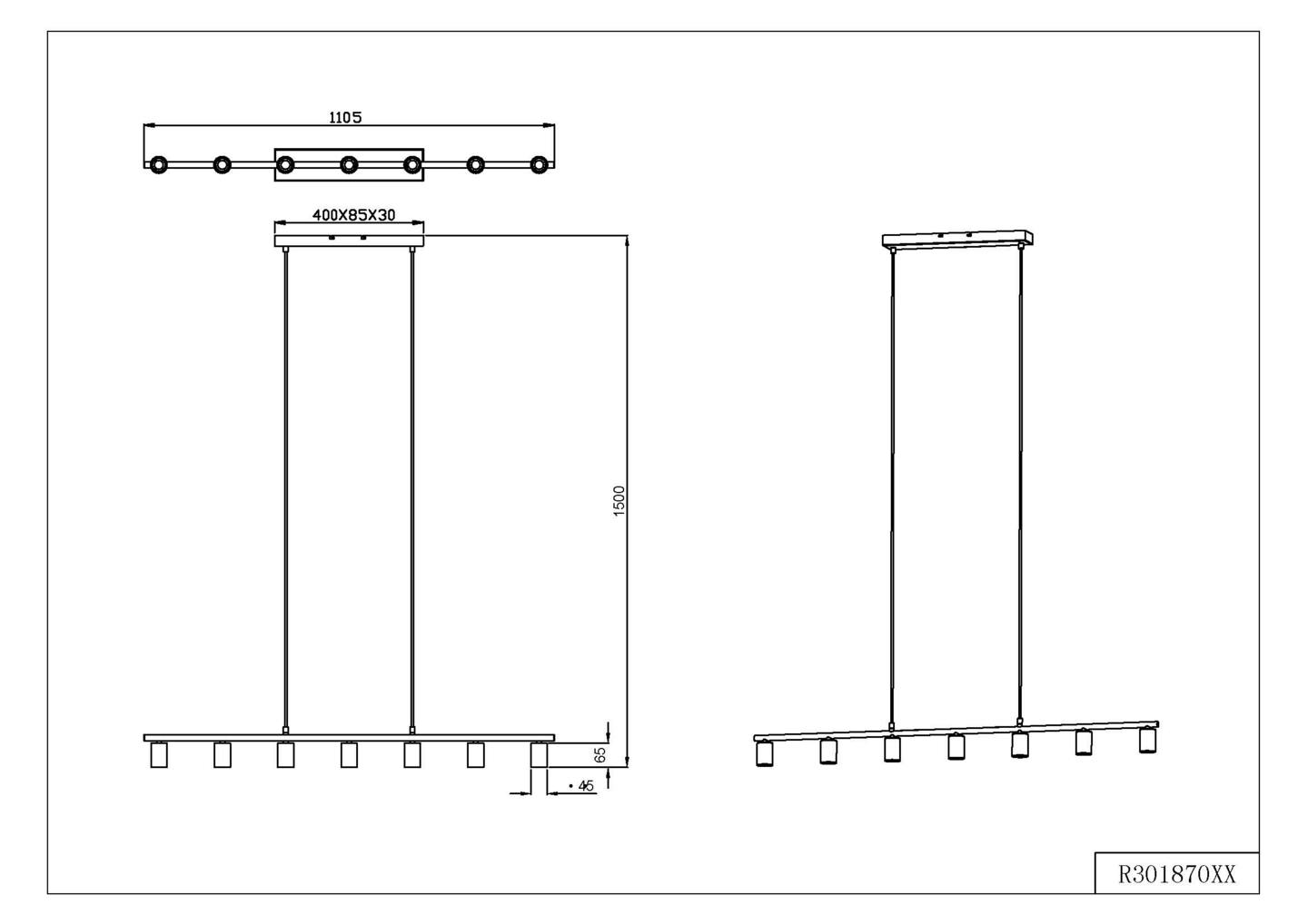 Riippuvalaisin TRIO Vannes E27 7-osainen harjattu teräs