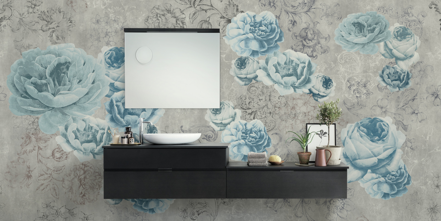 Märkätilan seinä Aquarelle 2m Flower Fusion-Blue