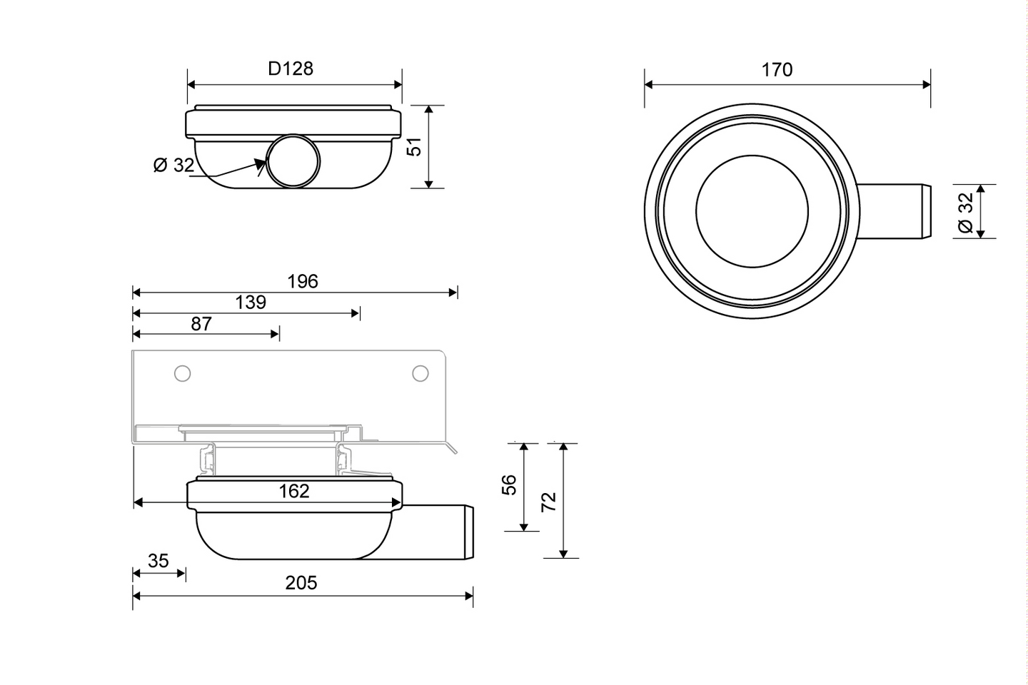 Vaakakaivo Unidrain kuivakaivo 2301 32mm kulma