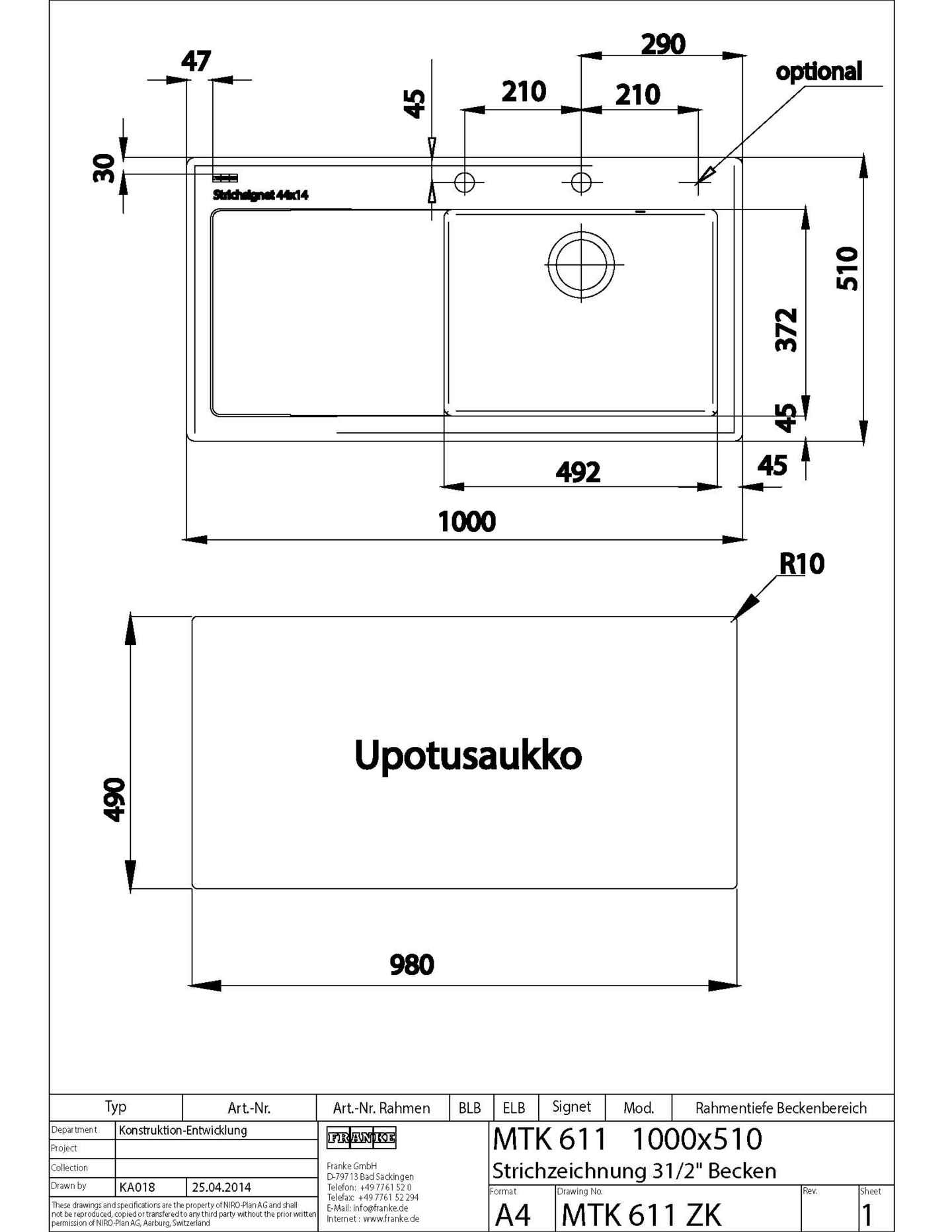 Upotettava allas Franke Mythos MTK 611-100 glacier valkoinen oikea