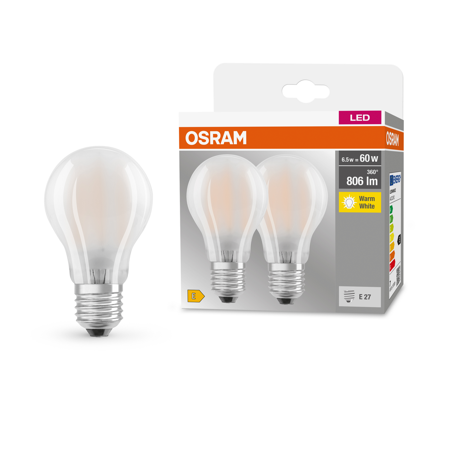 Led-lamppu OSRAM Base 806lm 827 E27 2kpl himmeä lasikupu