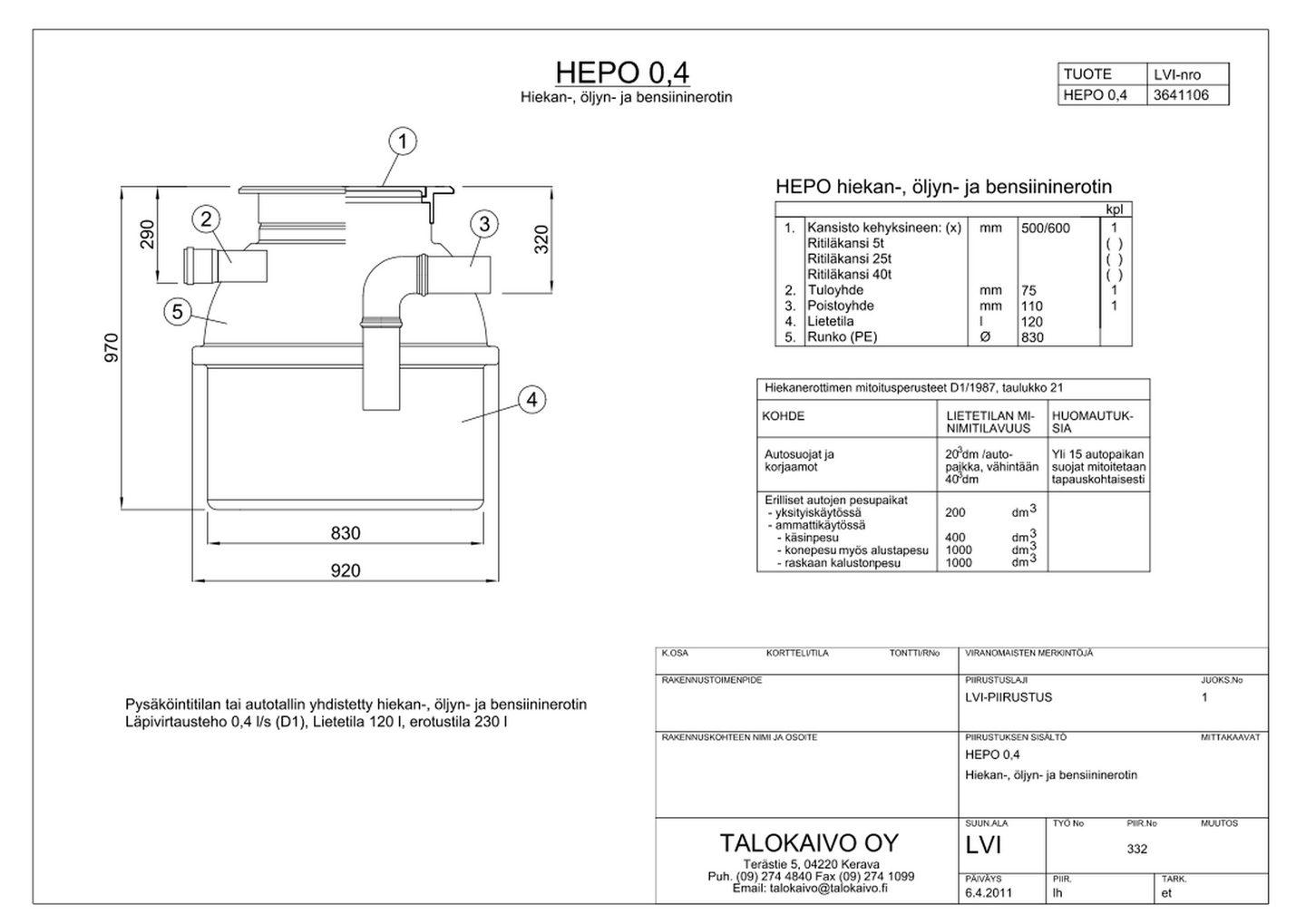 Öljyn-ja hiekaneroitin Talokaivo A/04 HEPO 0,4l/s 120/230l 5tn