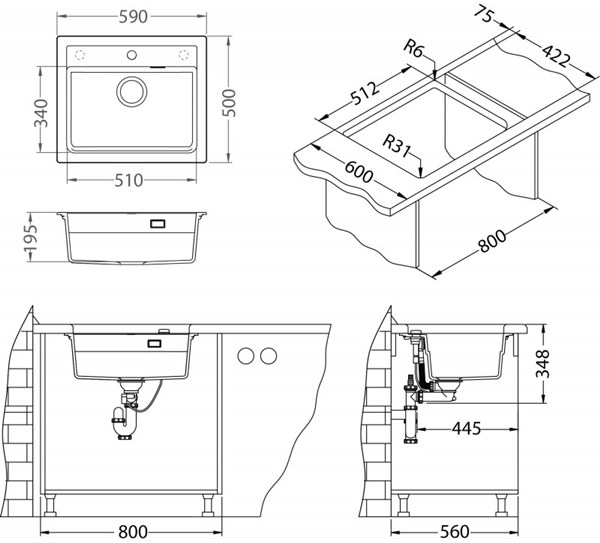 Keittiöallas Alveus Atrox 30 Concrete Komposiitti