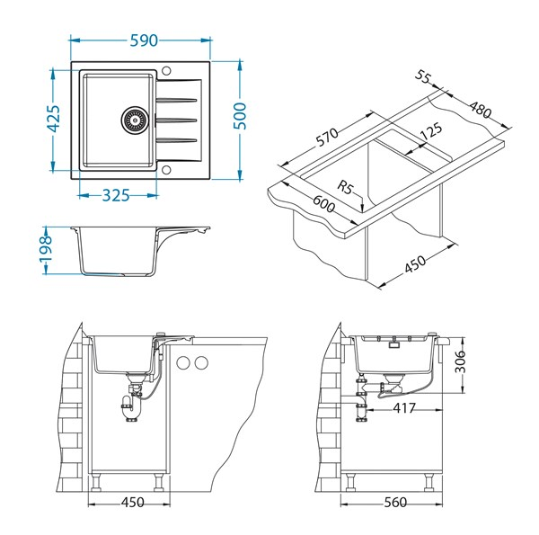 Keittiöallas Alveus Cadit 10 Concrete Komposiitti