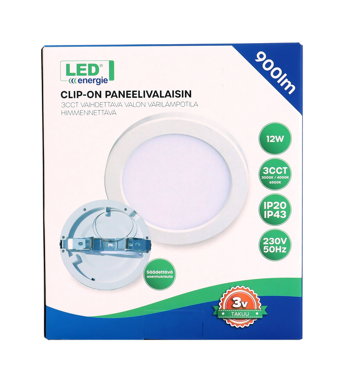 Paneelivalaisin Led Energie Clip-On 220 mm 18W 1500lm 3CCT himmennettävä