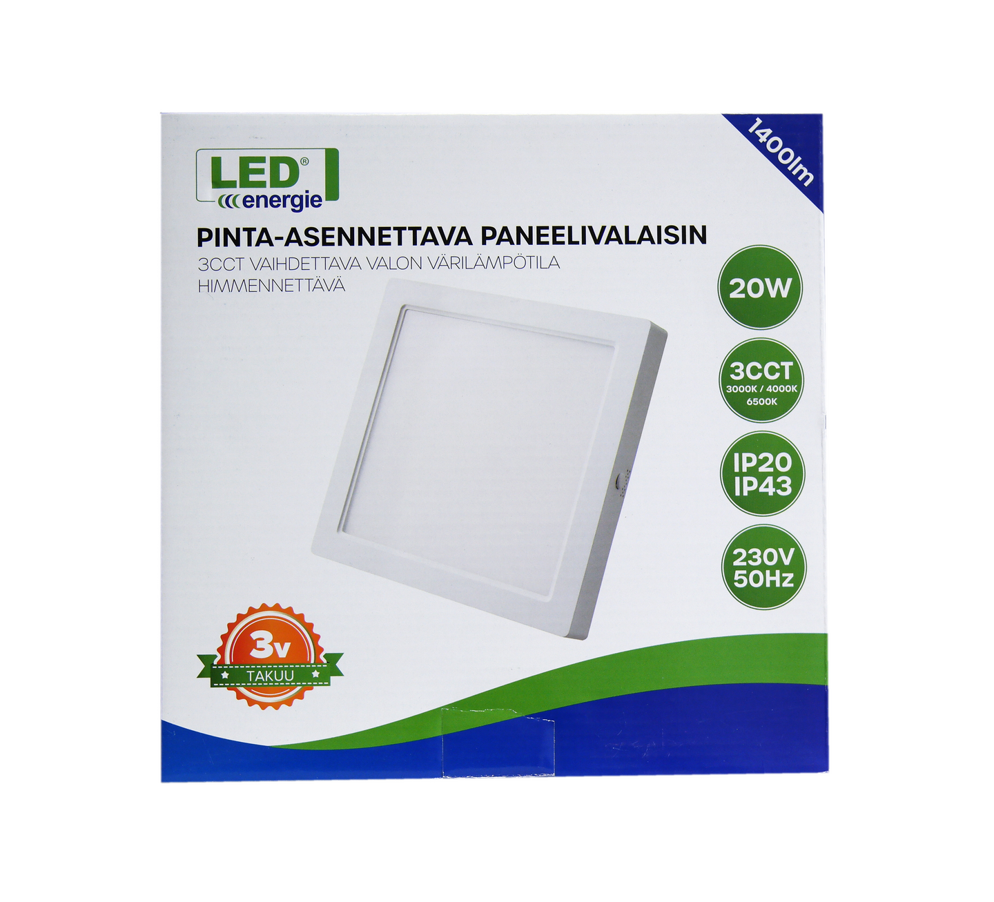 Kattovalaisin Led Energie 229x229mm 20W 1400lm 3CCT himmennettävä IP20/43
