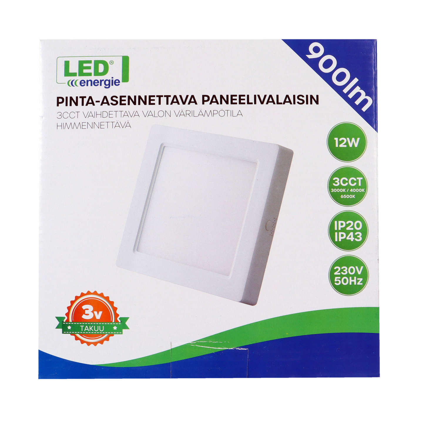 Kattovalaisin Led Energie 174x174mm 12W 900lm 3CCT himmennettävä IP20/43