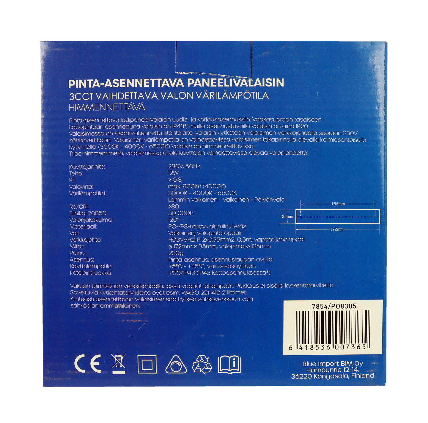 Kattovalaisin Led Energie 174x174mm 12W 900lm 3CCT himmennettävä IP20/43