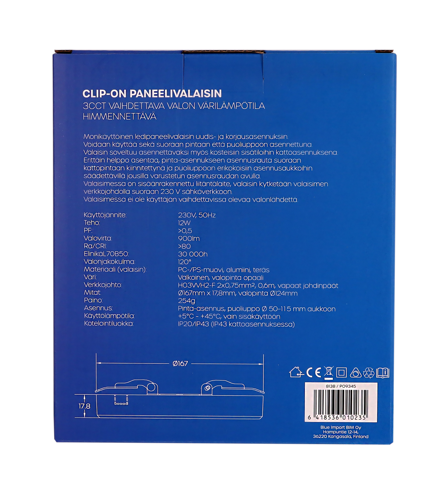 Paneelivalaisin Led Energie Clip-On 220 mm 18W 1500lm 3CCT himmennettävä