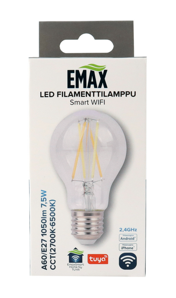 Filamenttilamppu Emax Smart Home A60/e27 7,5W 1050lm CCT Wi-Fi