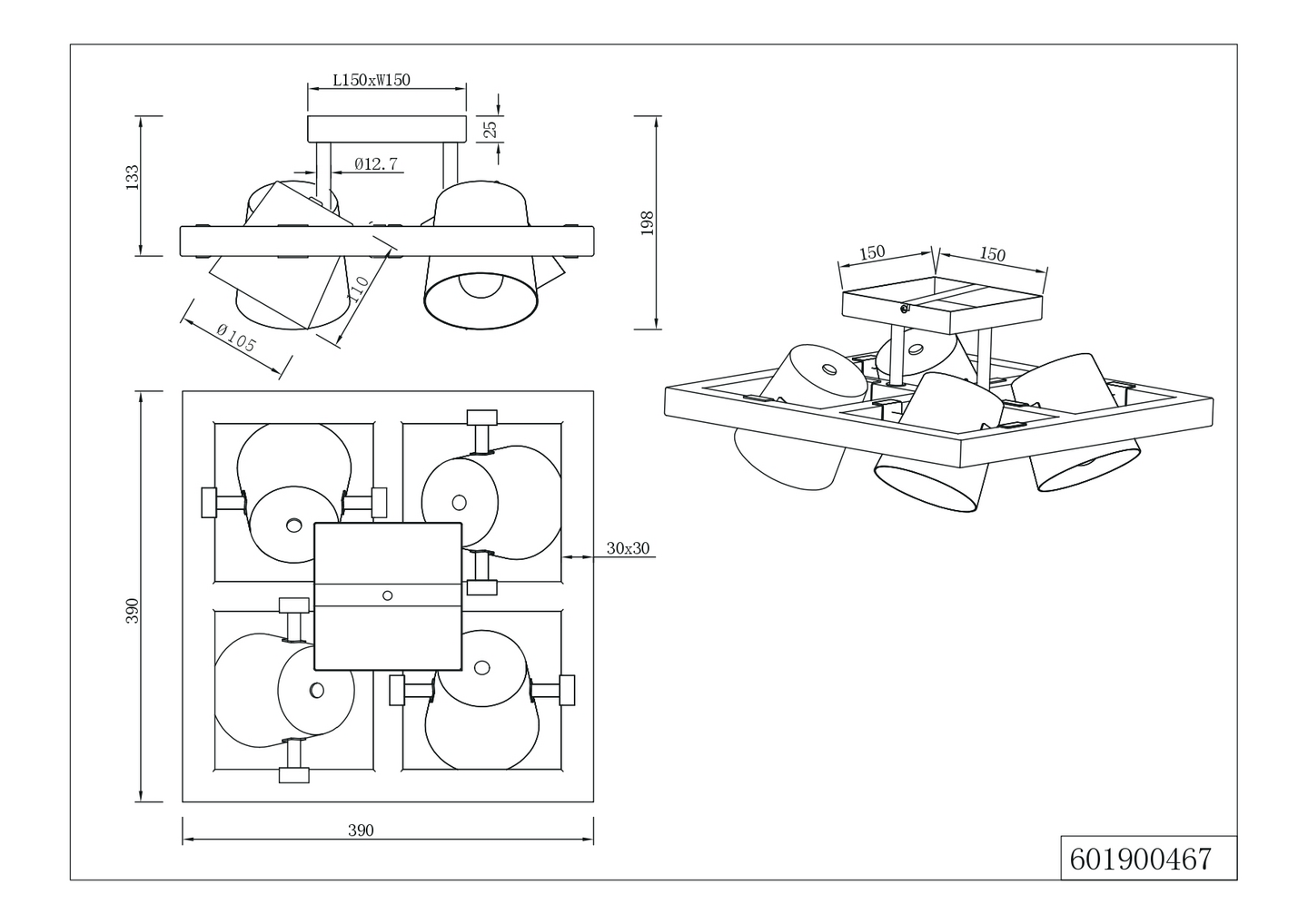 Kattovalaisin TRIO Bell E14 4-os antiikkiteräs