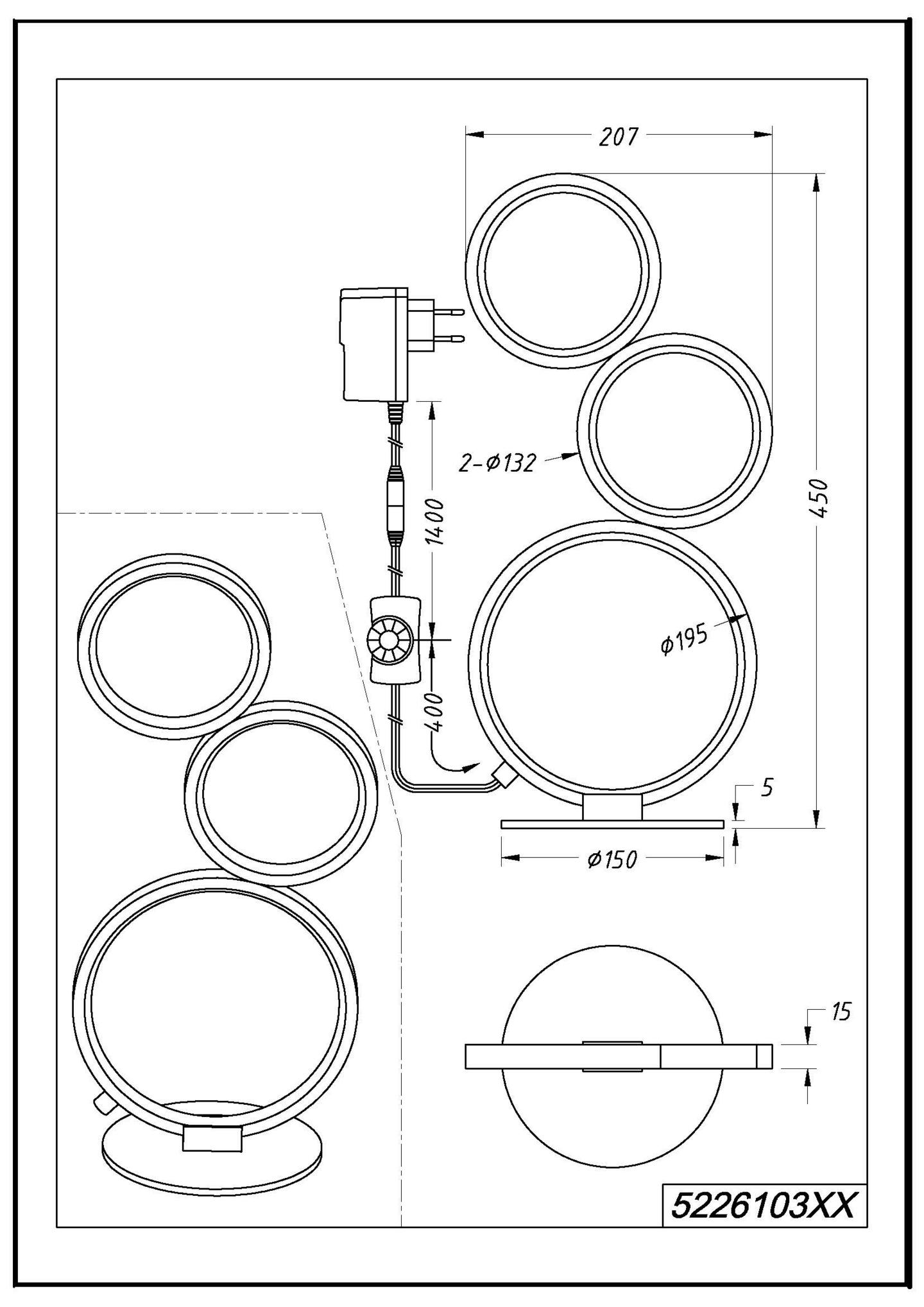 Pöytävalaisin TRIO Rondo led musta