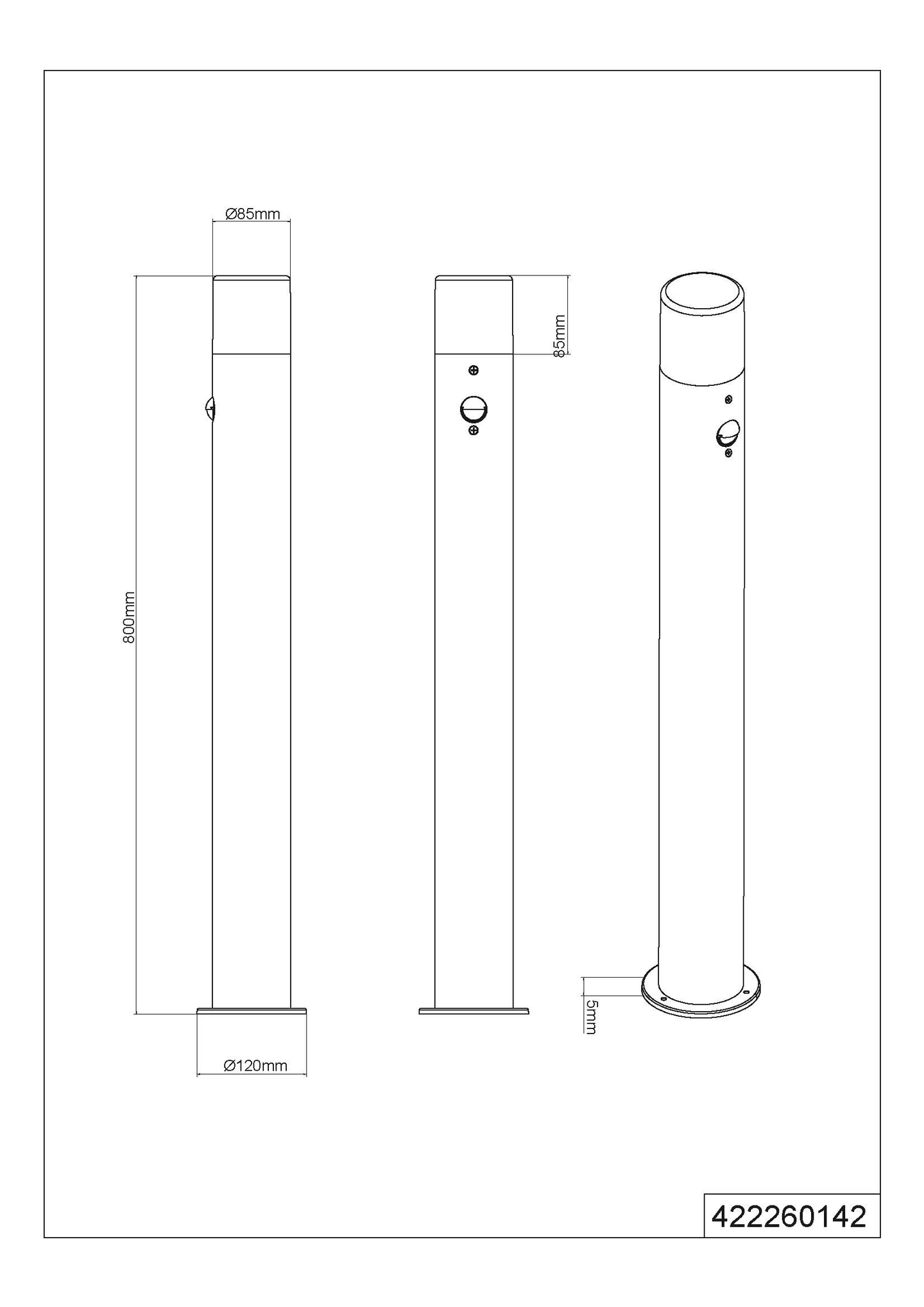 Ulkopylväsvalaisin TRIO Hoosic E27 80cm antrasiitti liiketunnistimella