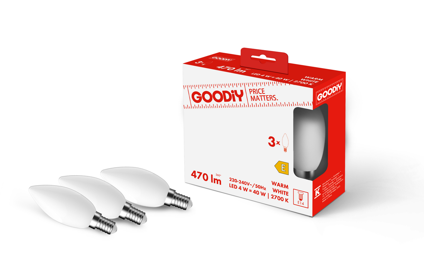 Led-kynttilälamppu Goodiy C35 470lm 4W 2700K E14 lasi 3kpl