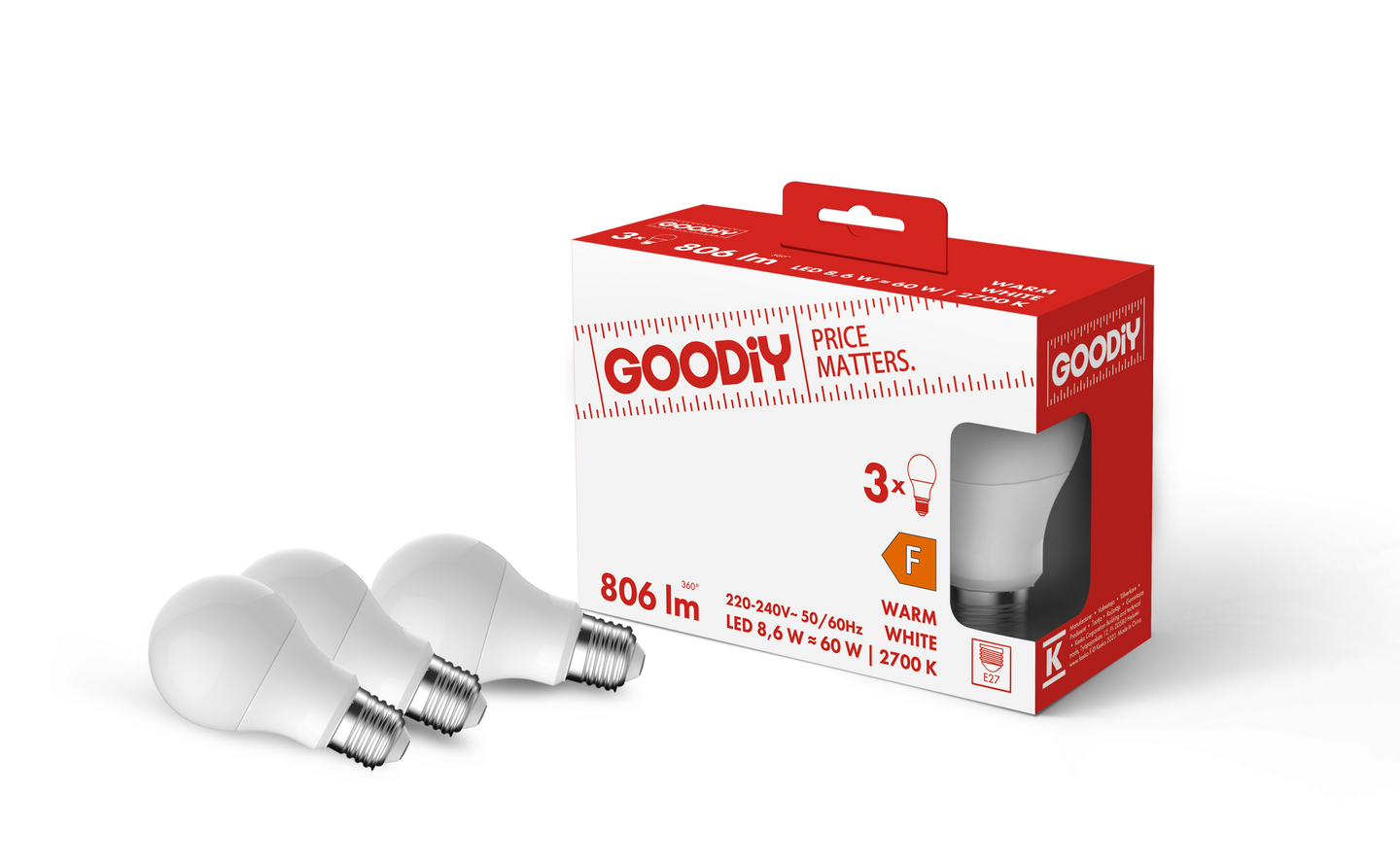 Led-vakiolamppu Goodiy A60 806lm 8,6W 2700K E27 3kpl