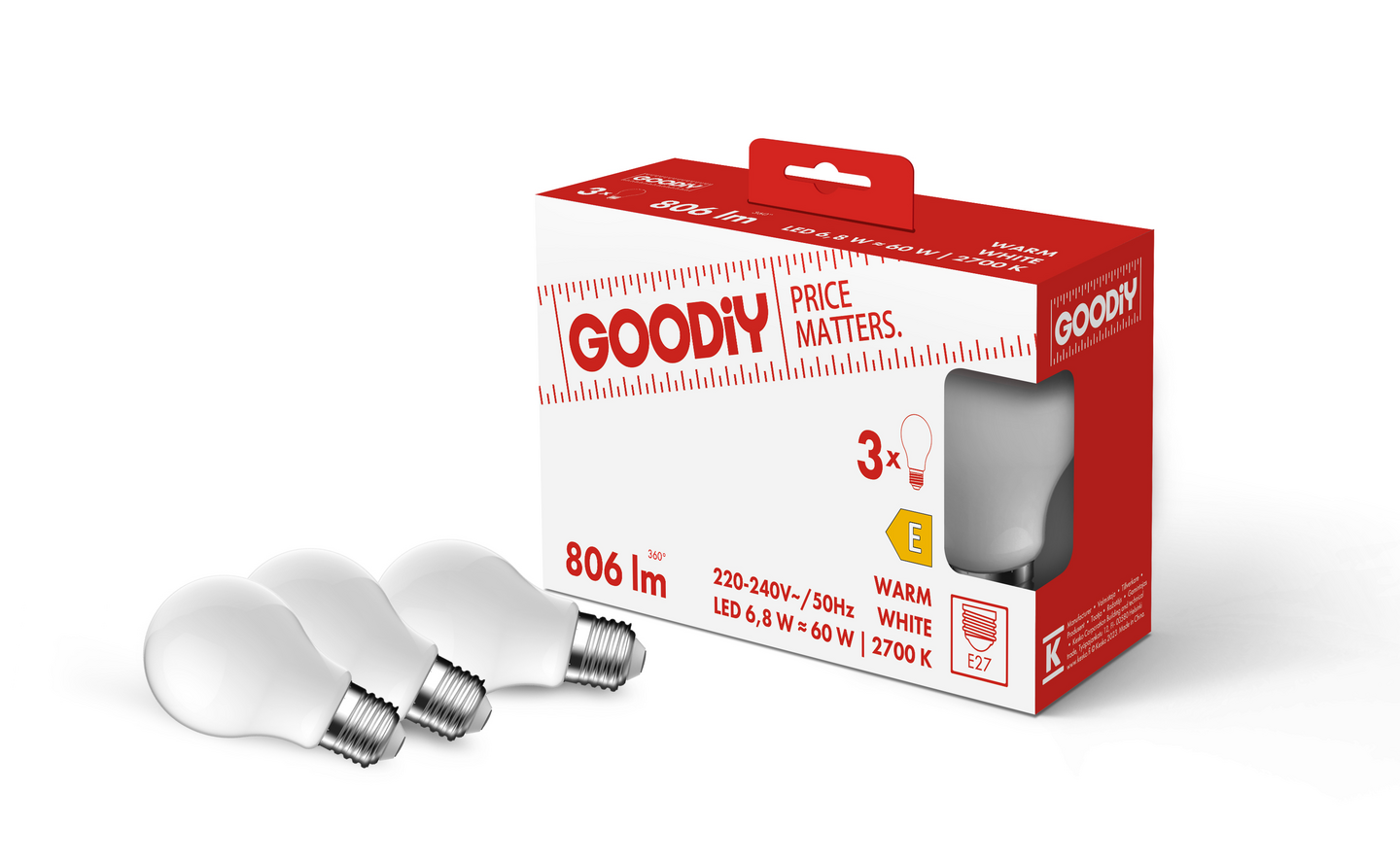 Led-vakiolamppu Goodiy A60 806lm 6,8W 2700K E27 lasi 3kpl
