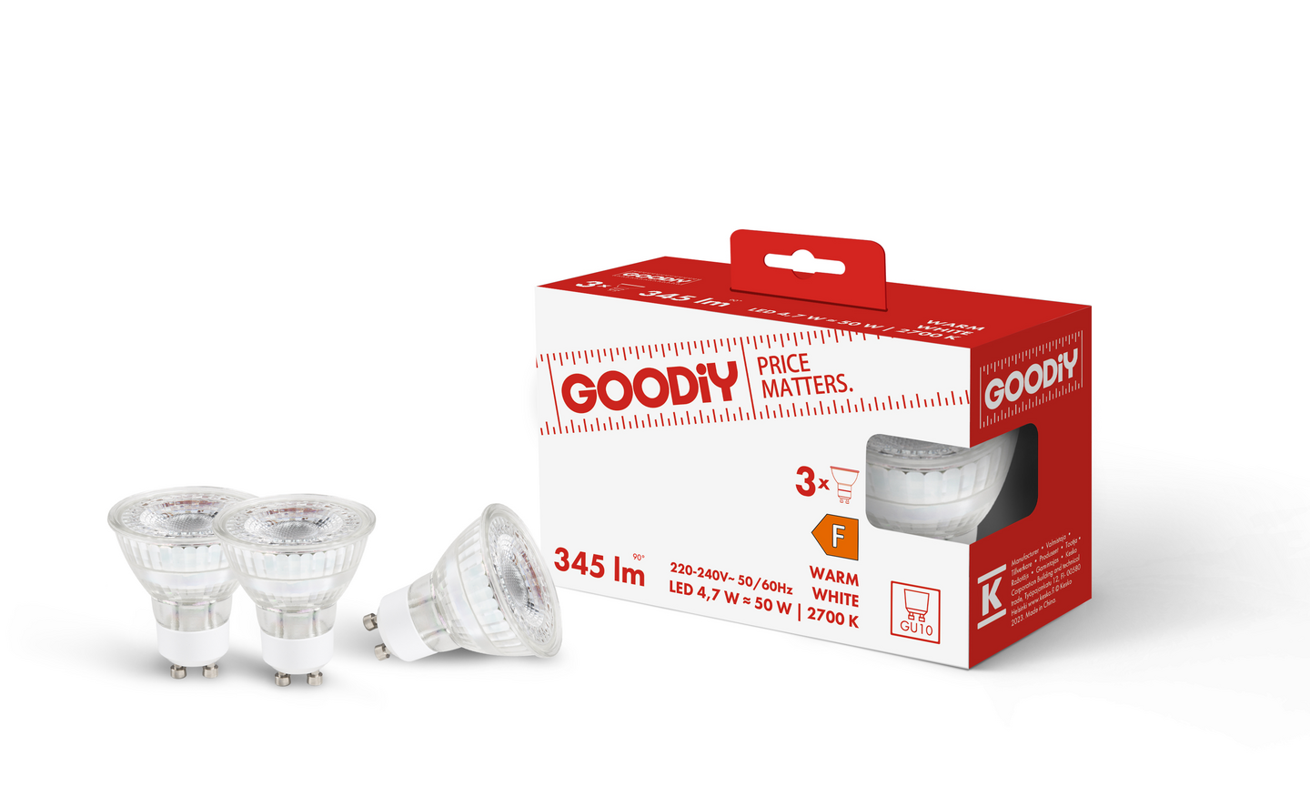 Led-kohdelamppu Goodiy PAR16 345lm 4,7W 2700K GU10 lasi 3kpl
