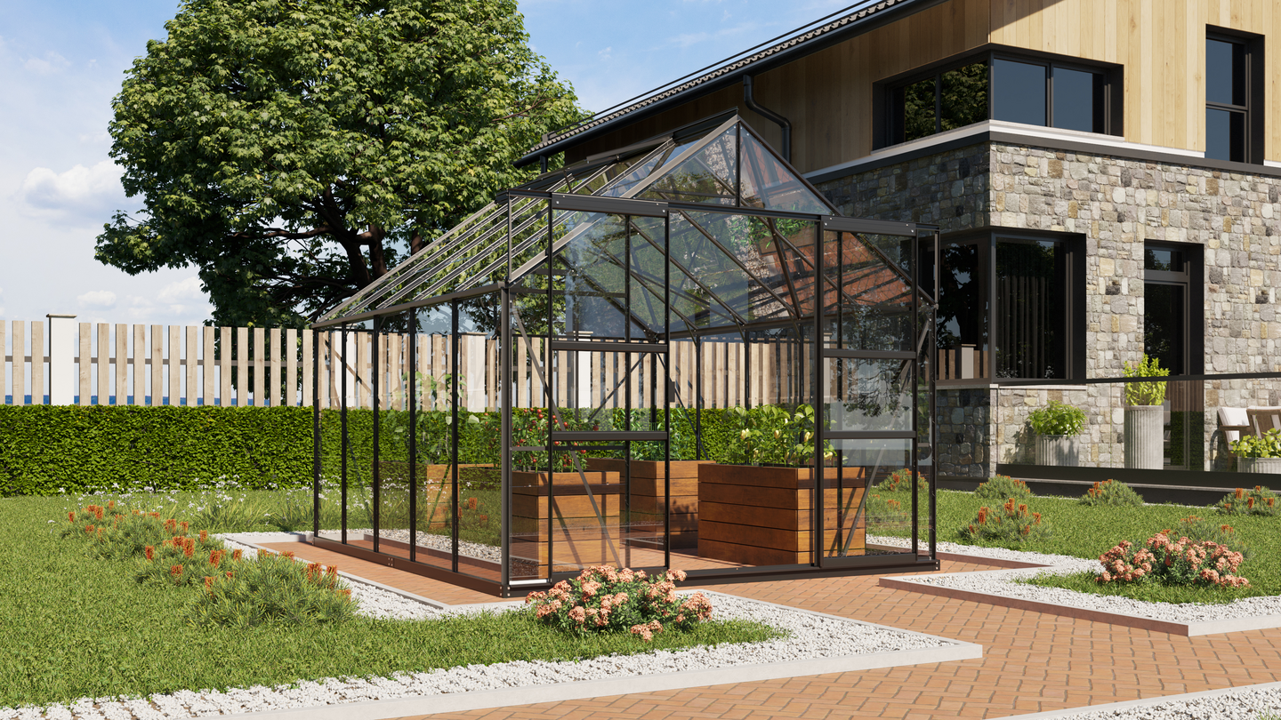 Kasvihuone Vitavia Mars 8300 karkaistu lasi, musta alumiinirunko, sokkelilla