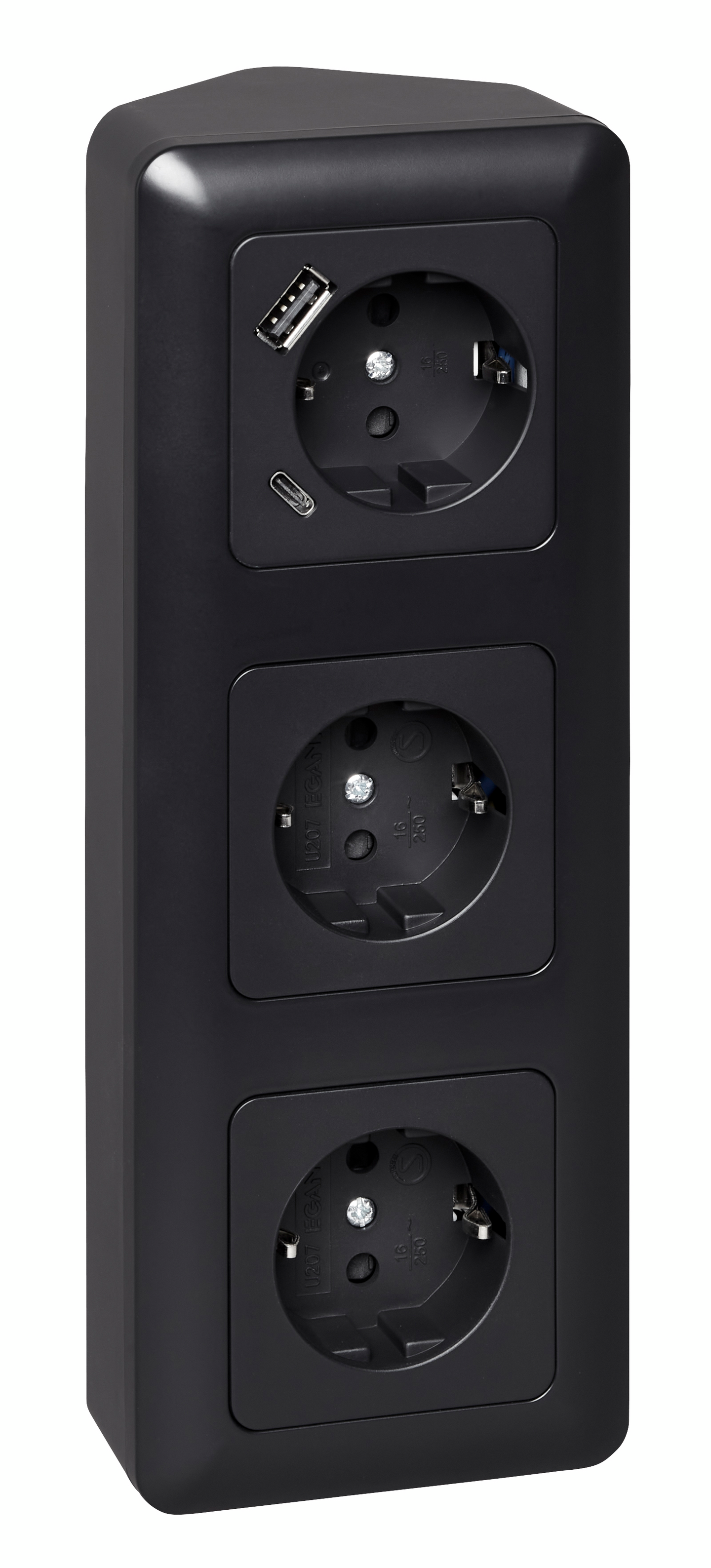 Kulmapistorasia OPAL 3-os 2xUSB musta