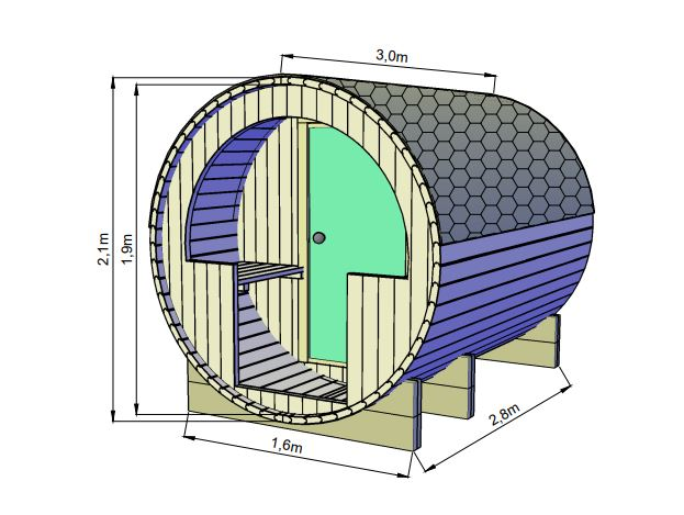 Tynnyrisauna ALEX De Lux 3,0m x 2,2m valmiiksi koottu