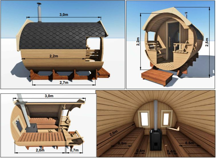 Tynnyrisauna Alex Standard 3,0m x 2,2m valmiiksi koottu