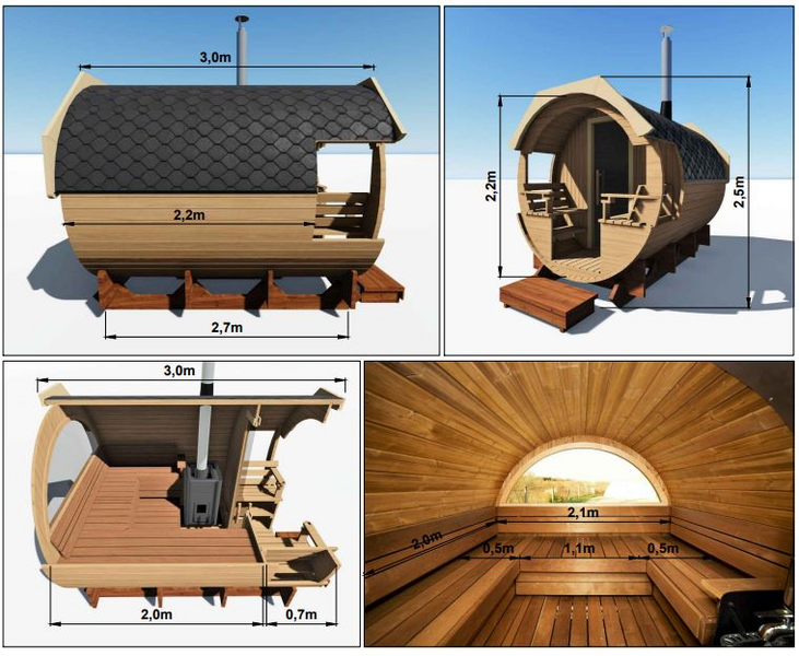 Tynnyrisauna ALEX De Lux 3,0m x 2,2m valmiiksi koottu