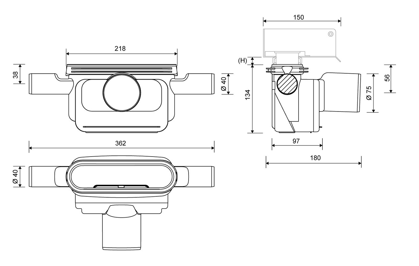 Vaakakaivo Unidrain 1443 75mm 2x32/40mm sivuliitos