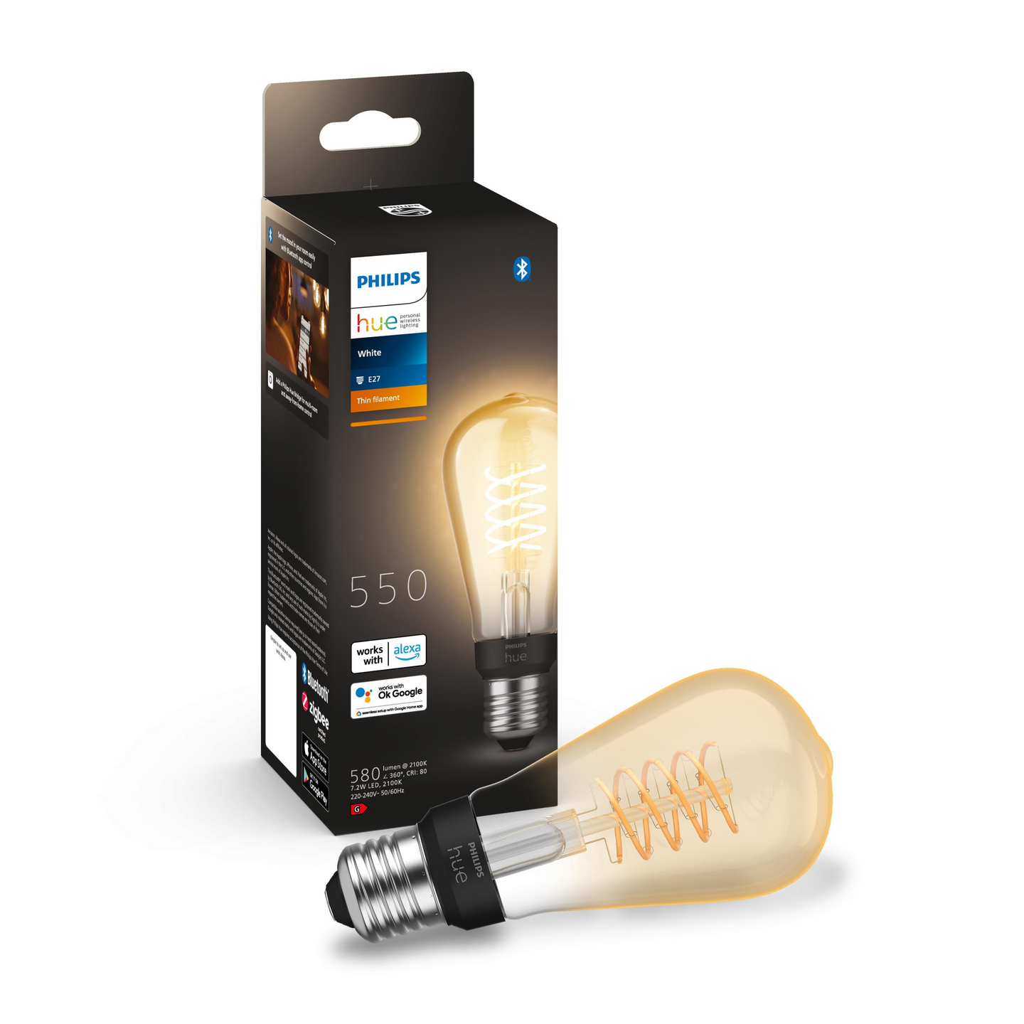 Led-lamppu Philips Hue Filament Edison 550lm E27 valkoinen