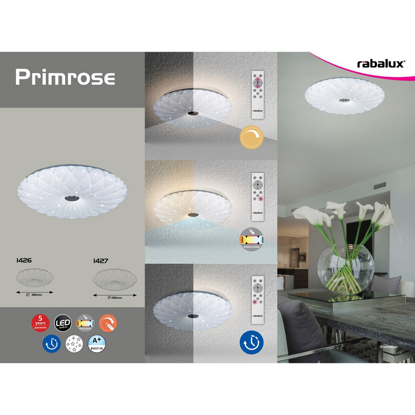 Kattovalaisin RABALUX PRIMROSE LED CCT 380mm 48W valkoinen