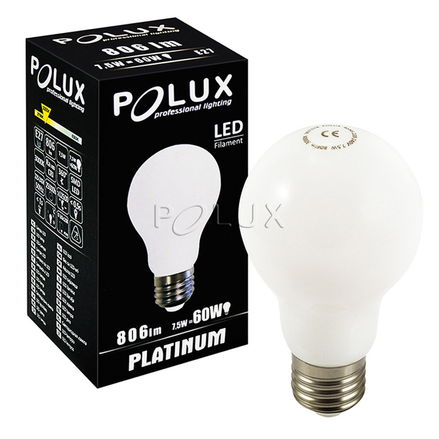 Led-lamppu Polux A60 E27 7,5W filamentti valkoinen