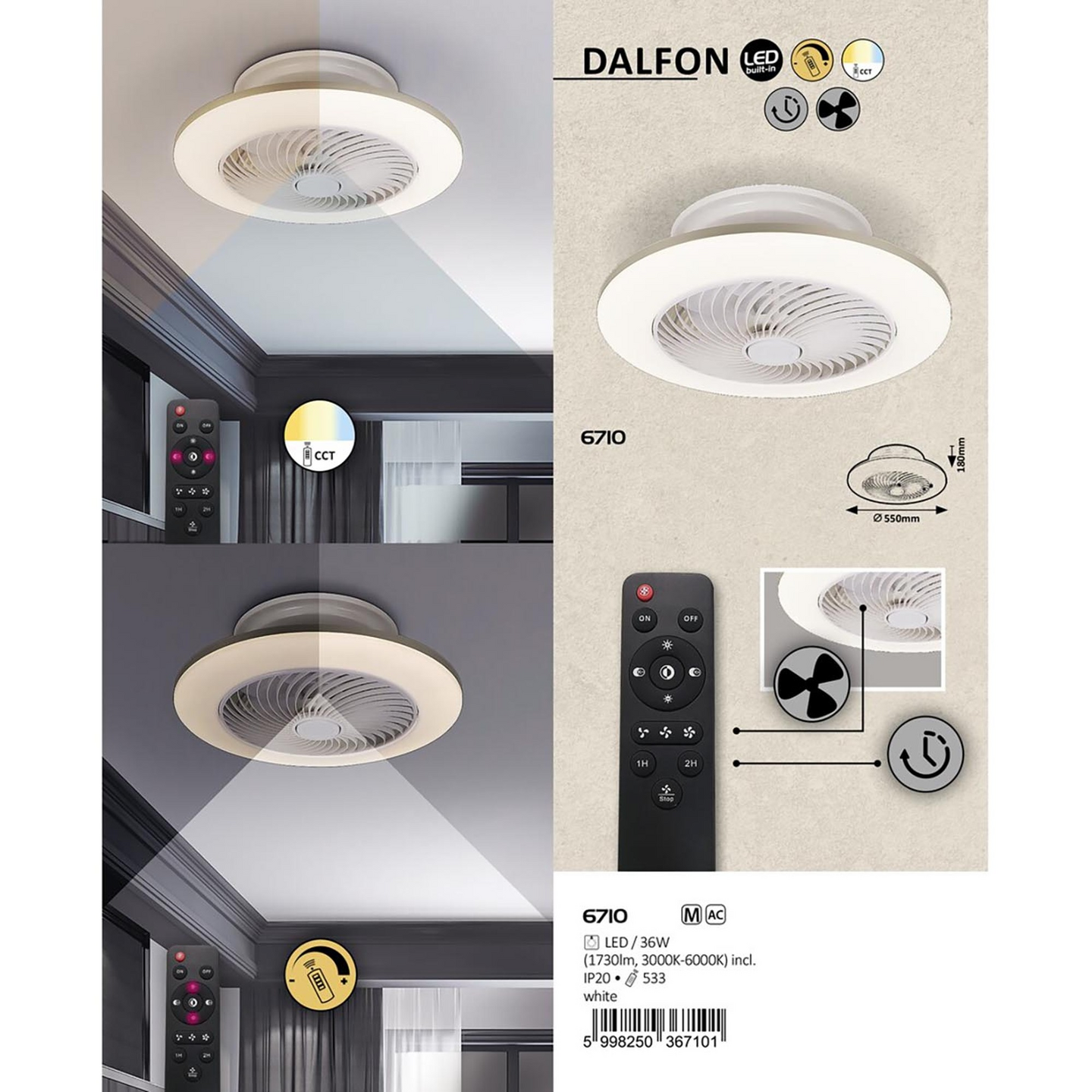 Kattotuuletinvalaisin RABALUX DALFON LED CCT 550mm 36W valkoinen
