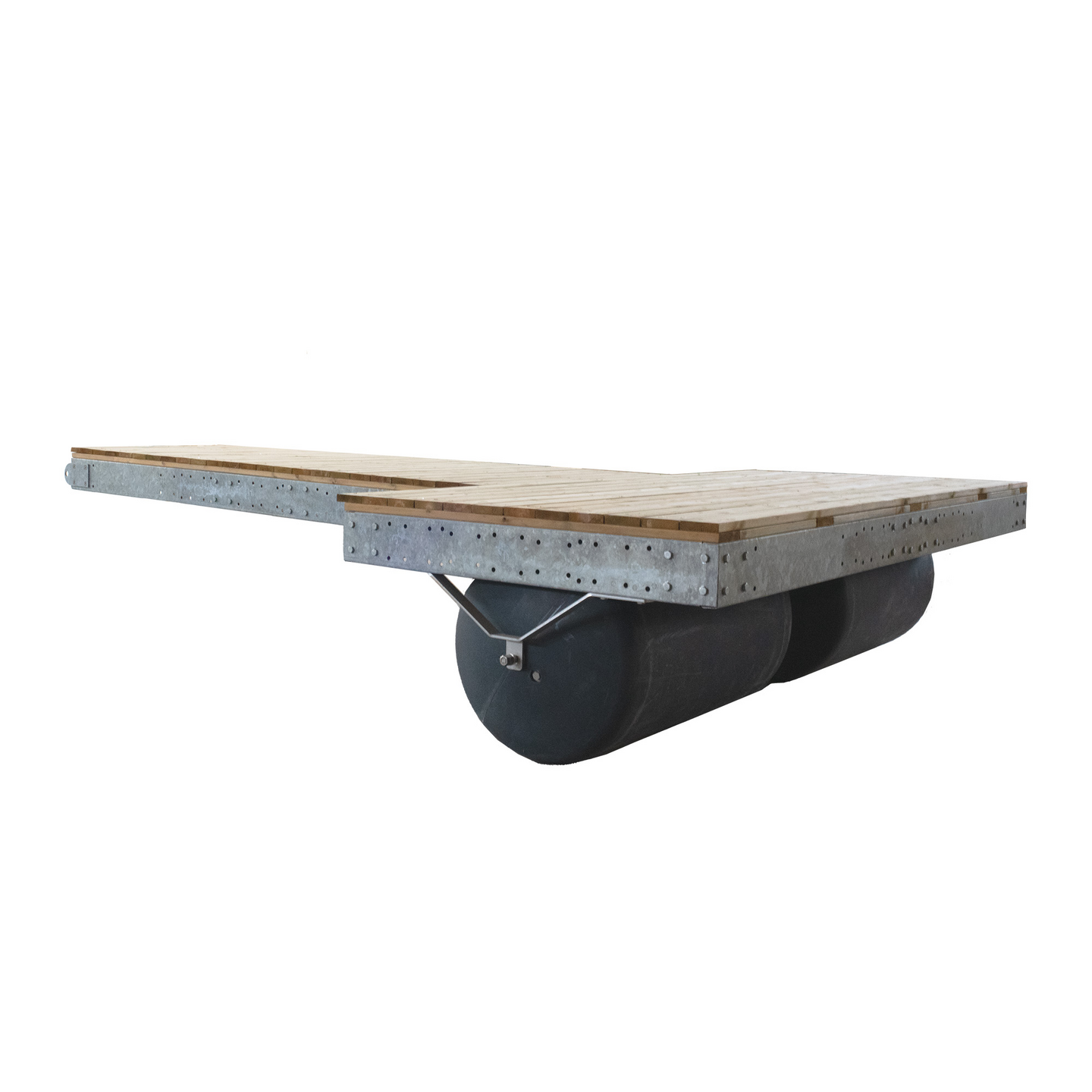 Onkipoika teräsrunkoinen valmislaituri pyörivillä Rolleri-rullaponttoneilla