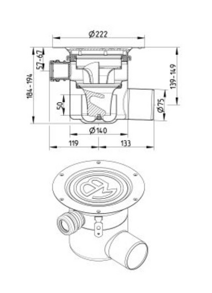 Lattiakaivo BLÜCHER 75 vaaka 3xsivul.sis vesilukko, ruostumatonta terästä