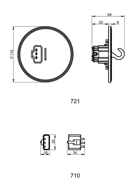 Valaisinpistorasia OPAL DCL 110mm uppoasennus kattoon musta