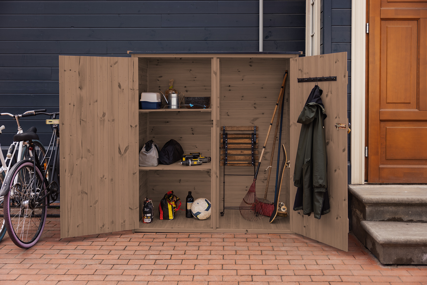 Työkaluvaja hyllyillä ruskea, 144x74x164 cm