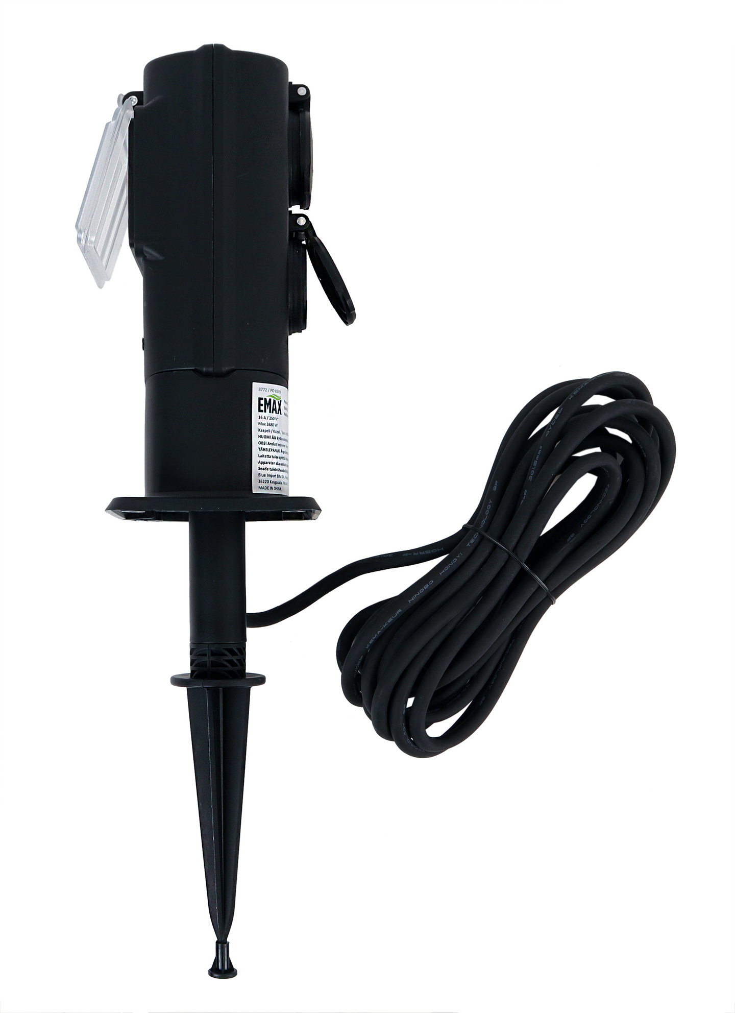 Pistorasia Emax 2-osainen ajastimella H05RR-F3G1.5 5m maapiikillä IP44