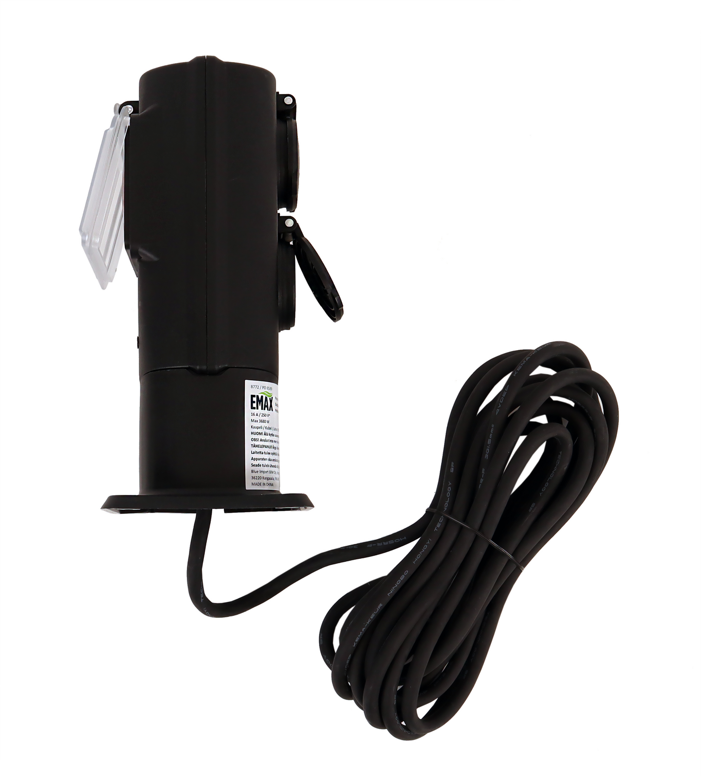 Pistorasia Emax 2-osainen ajastimella H05RR-F3G1.5 1,4m maapiikillä IP44