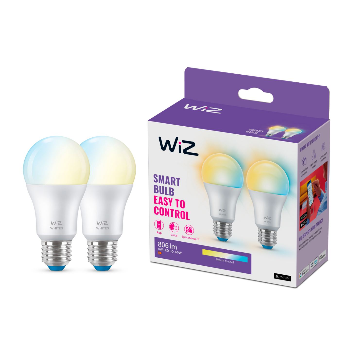 Led-lamppu WiZ wi-fi 8W E27 A60 927-65 Tunable White 2kpl