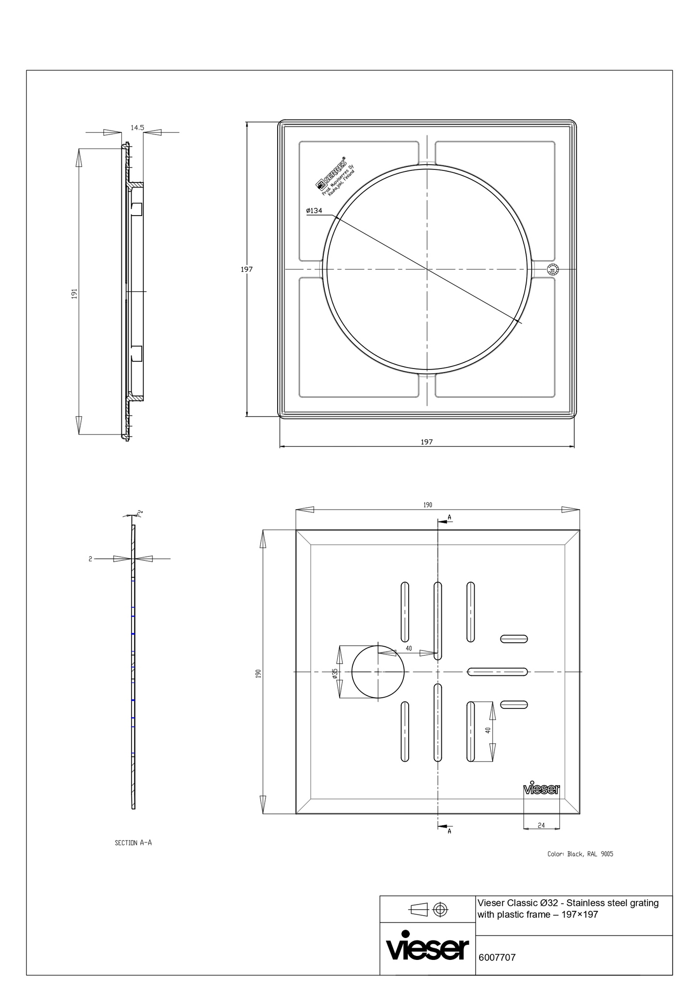 Neliökansi Vieser 197x197 Classic+ 32mm musta