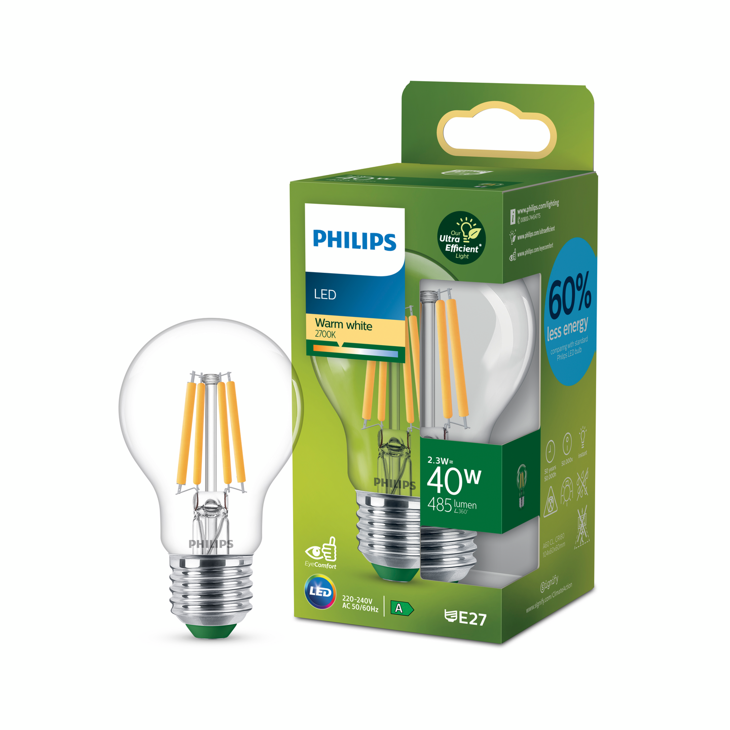 Led-lamppu Philips Ultra Efficient 40W E27 2700K 485lm läpinäkyvä lasi