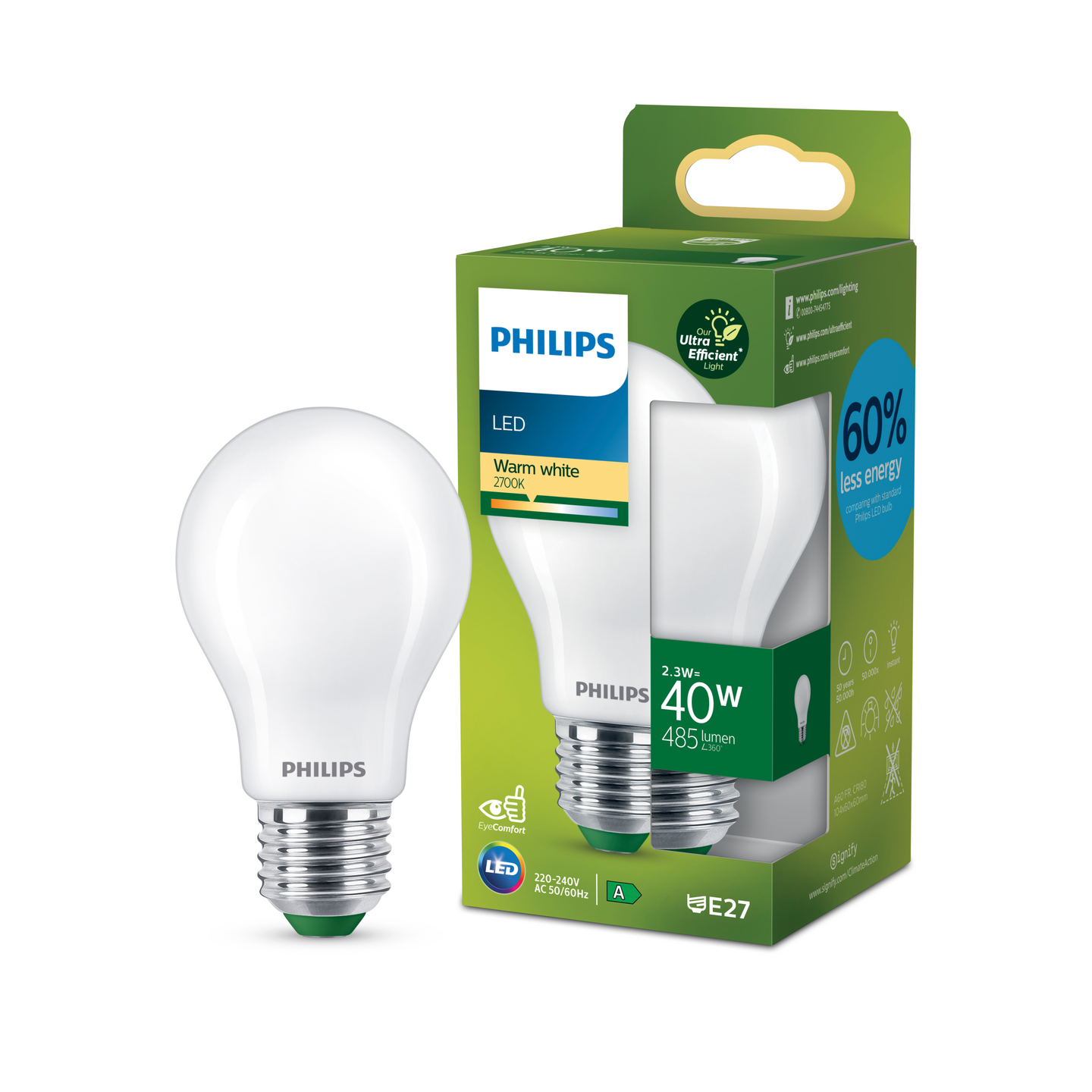 Led-lamppu Philips Ultra Efficient 40W E27 2700K 485lm huurrettu lasi