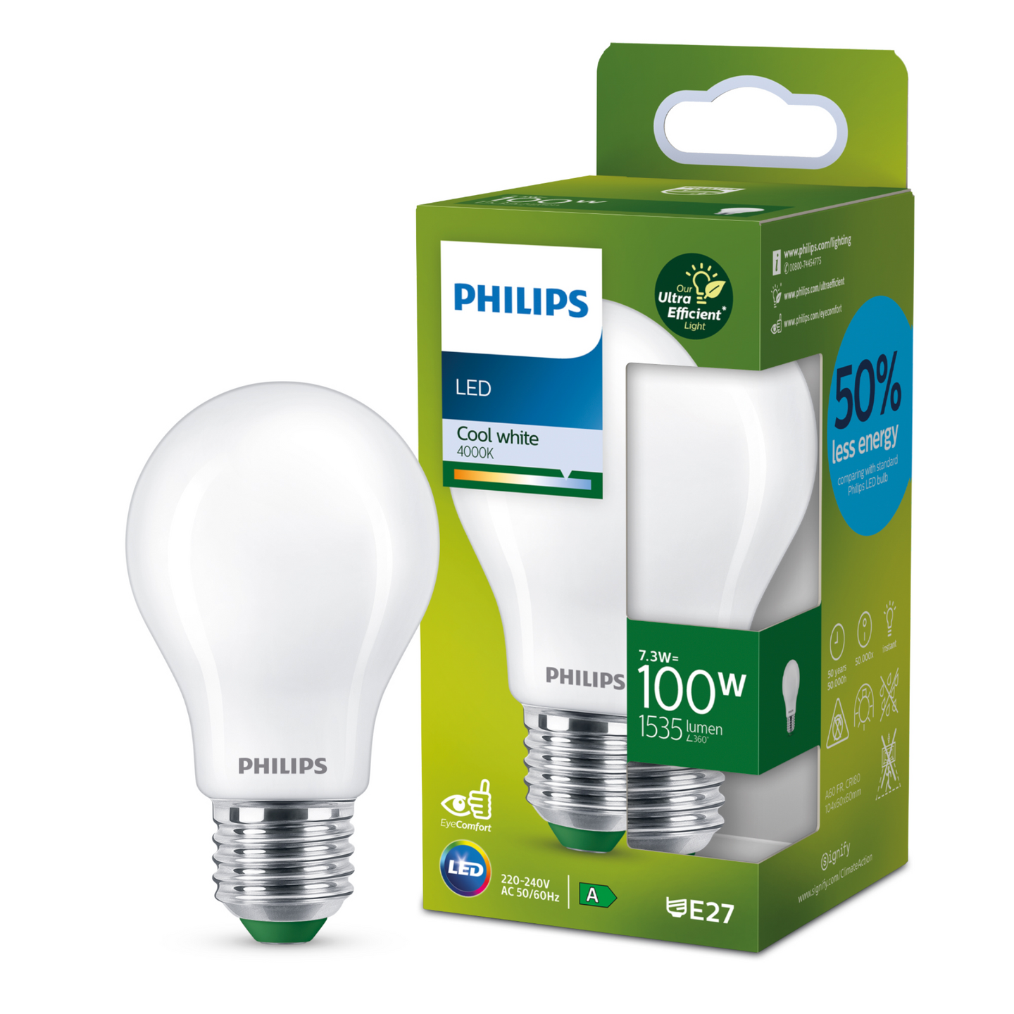Led-lamppu Philips Ultra Efficient 100W E27 4000K 1535lm huurrettu lasi