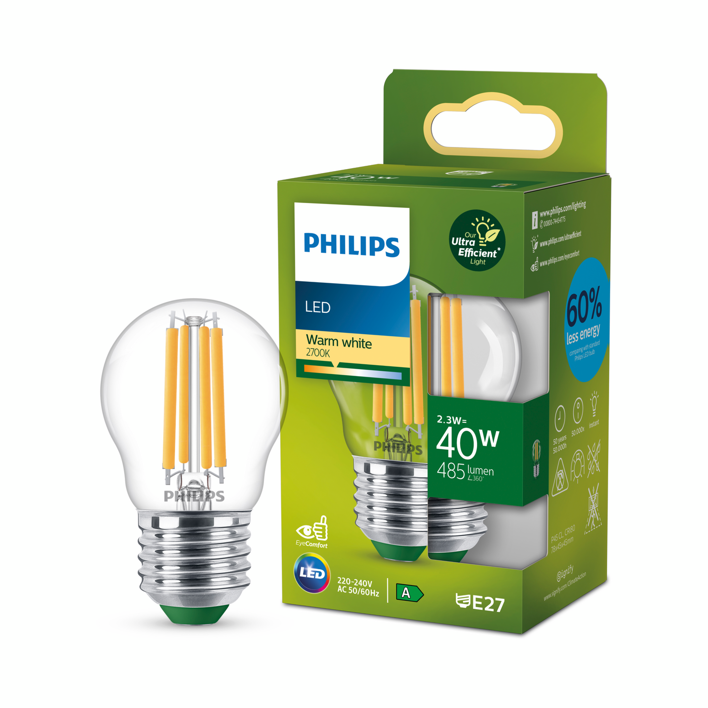 Led-lamppu Philips Ultra Efficient 40W E27 2700K 485lm läpinäkyvä lasi
