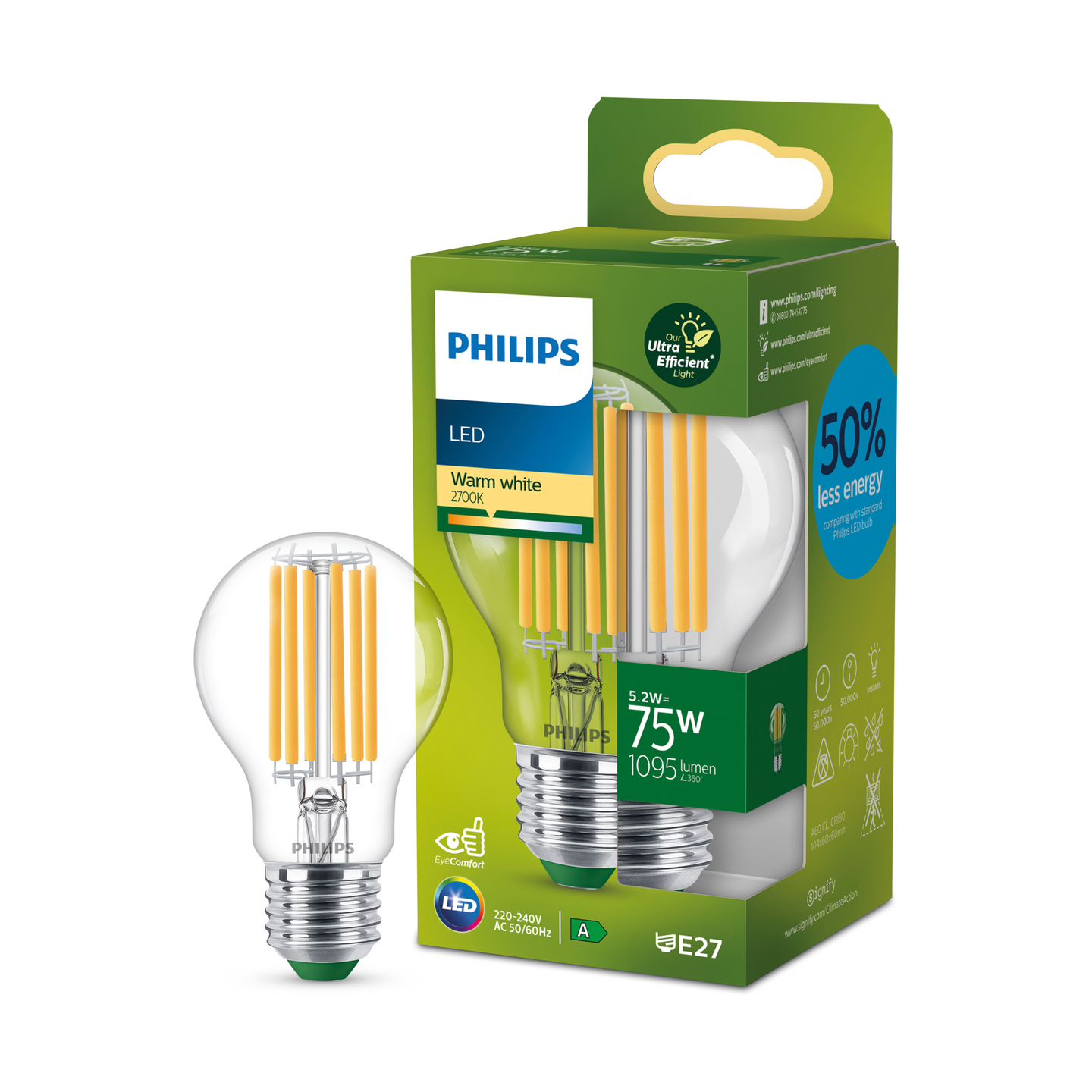Led-lamppu Philips Ultra Efficient 75W E27 2700K 1095lm läpinäkyvä lasi