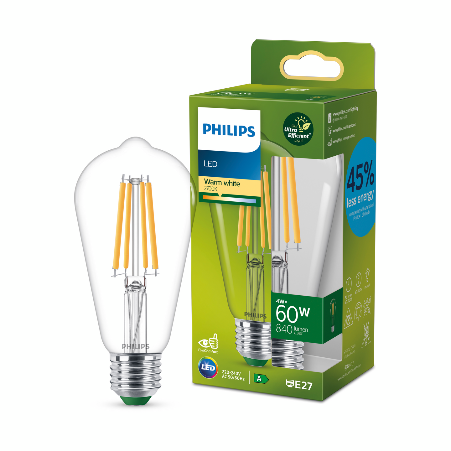 Led-lamppu Philips Ultra Efficient 60W E27 2700K 840lm läpinäkyvä lasi