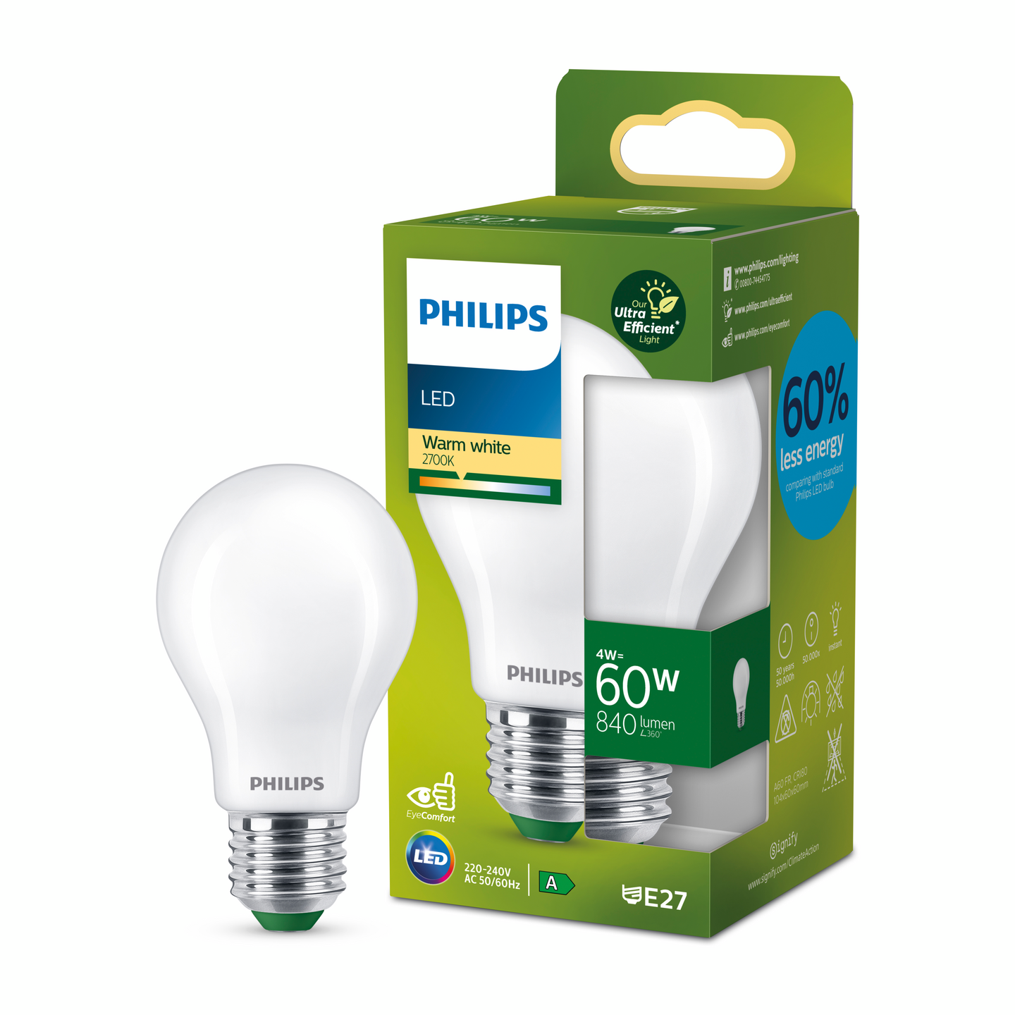 Led-lamppu Philips Ultra Efficient 60W E27 2700K 840lm huurrettu lasi