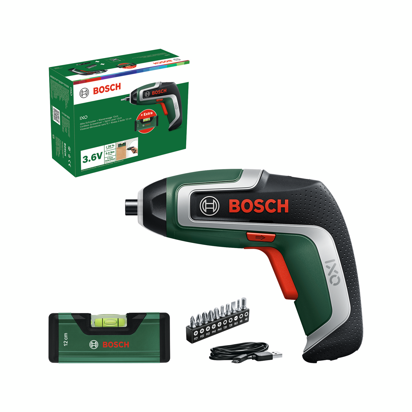 Akkuruuvinväännin Bosch IXO 7 + vesivaaka 12 cm