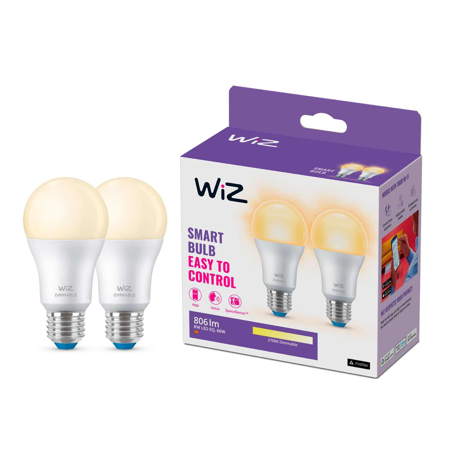 Led-lamppu WiZ wi-fi 8W E27 A60 927 himmennettävä 2kpl