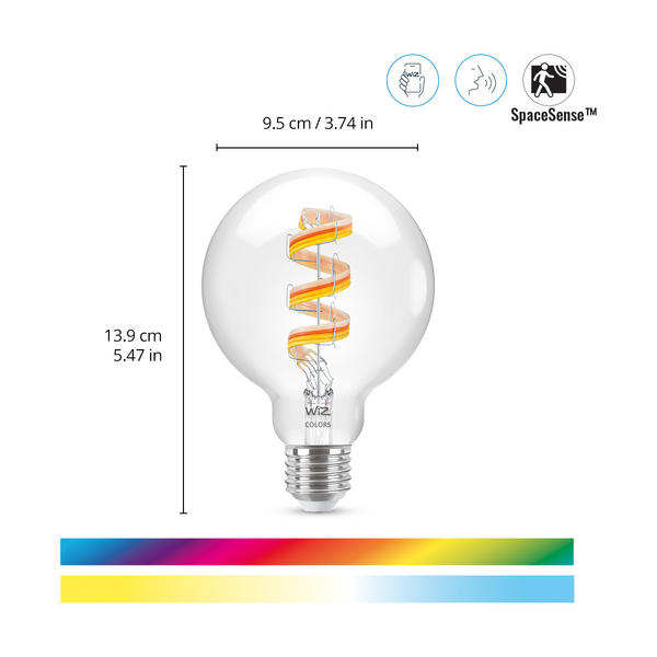 Led-filamenttilamppu WiZ E27 470lm 6,3W G95 2200-6500K RGB lasi