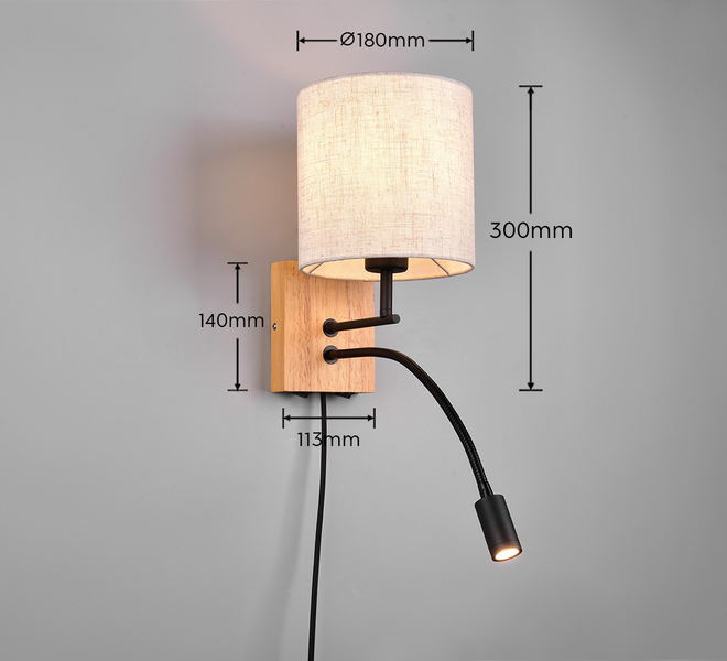 Seinävalaisin TRIO Nilam kiinteä led+E27 18 cm luonnonpuu/valkoinen
